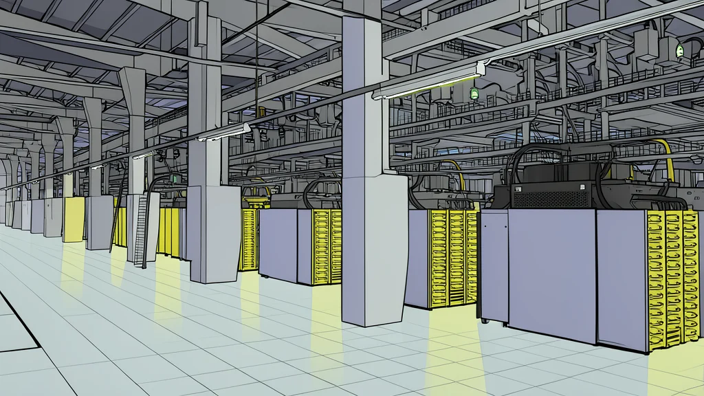 A large industrial server room with rows of black racks and glowing blue status lights, connected to thick power cables leading out of the frame.