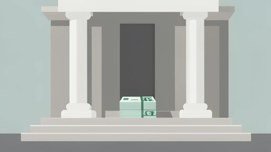 A stack of paper currency bills next to a government building facade