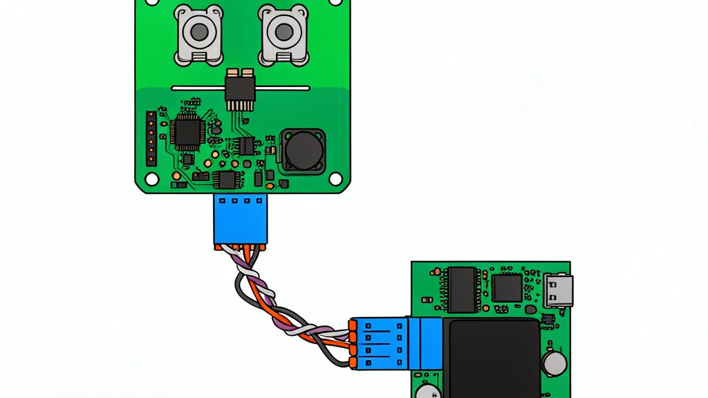 A close-up view of a small rectangular electronic component with metallic terminals mounted on a green circuit board, surrounded by intricate copper wiring traces.