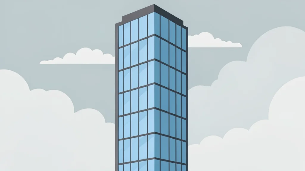 A modern glass skyscraper reflecting a cloudy sky