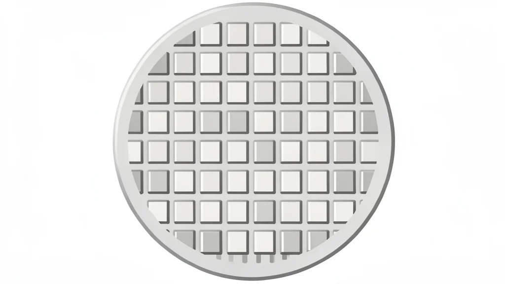 A close-up view of a silicon wafer with a grid of square integrated circuits