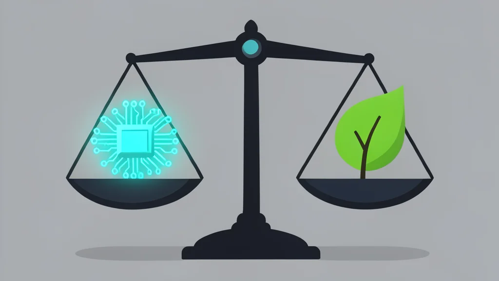 A digital scale balancing a glowing microchip on one side and a green leaf on the other