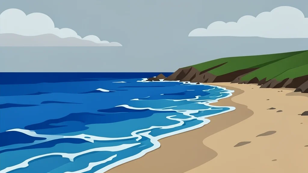 A rugged coastline with choppy blue sea water meeting a sandy shore under a cloudy sky