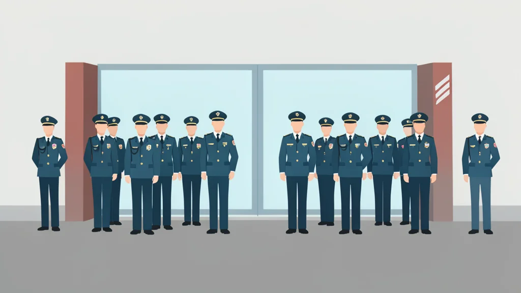 A row of uniformed officers standing at a border checkpoint gate