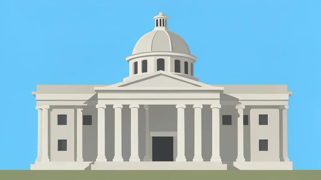 A large classical stone building with tall columns and a dome standing against a clear sky