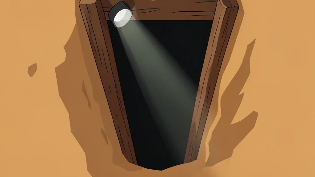 A dark, narrow shaft in sandy earth with rough wooden supports and a single headlamp beam cutting through dust