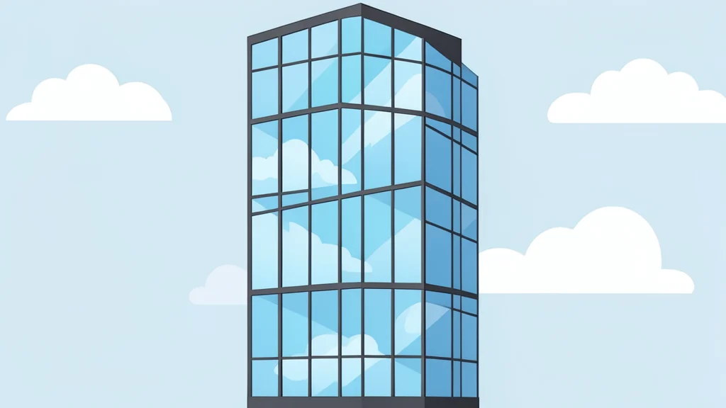 A modern glass skyscraper facade reflecting a cloudy sky