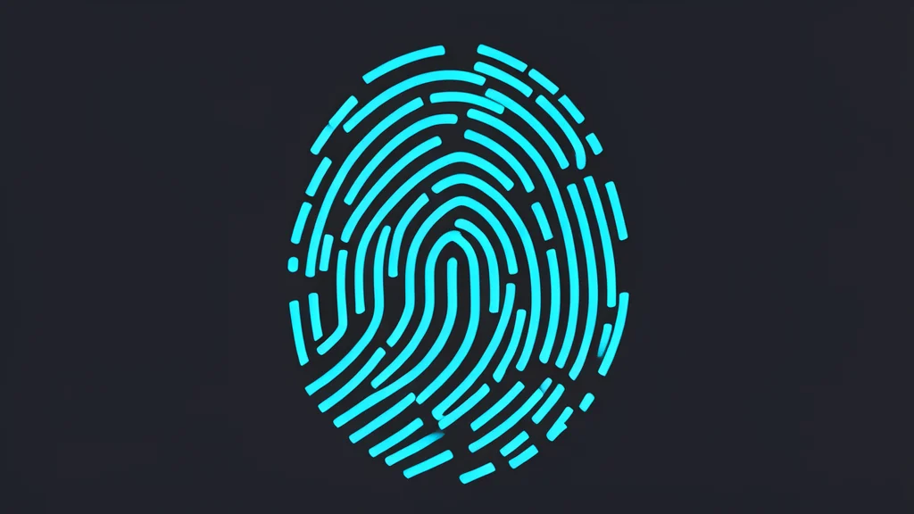 A digital fingerprint pattern formed by glowing blue lines on a dark background