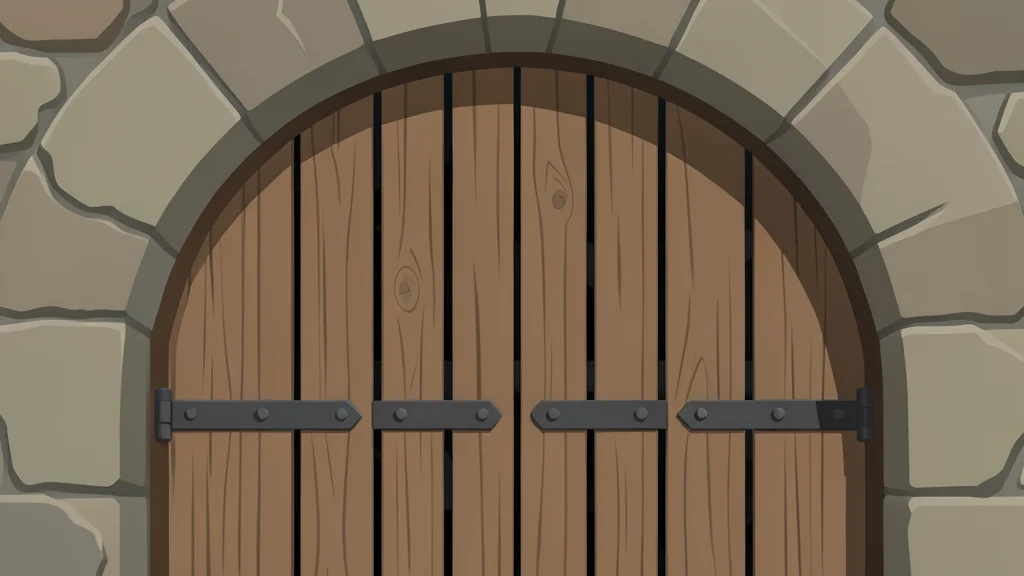 A medieval stone fortress gate with a wooden portcullis