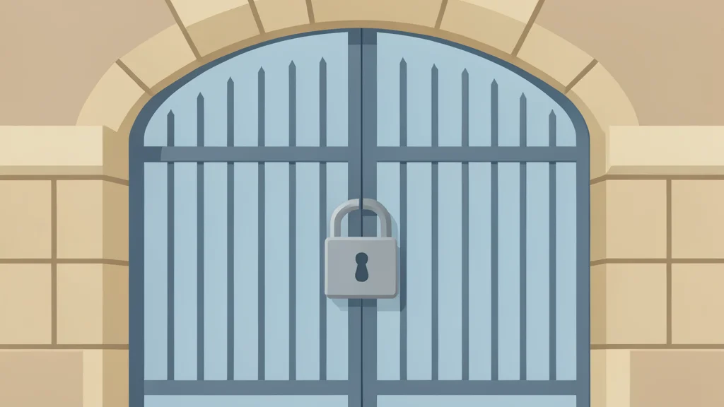 A massive iron gate secured with a heavy padlock, standing at the end of a digital pathway.