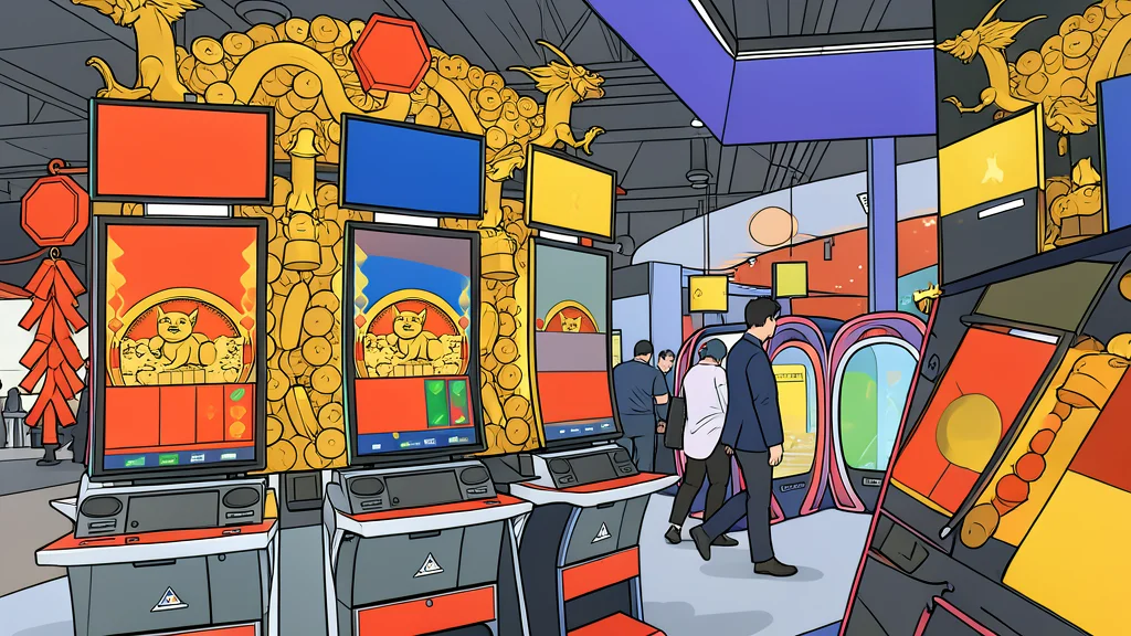 A row of colorful, mechanical slot machine cabinets with spinning reels and lever handles