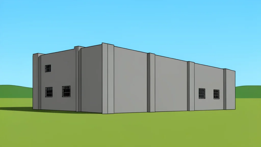 A large, grey concrete building with high walls and small, barred windows standing in a flat, open field.
