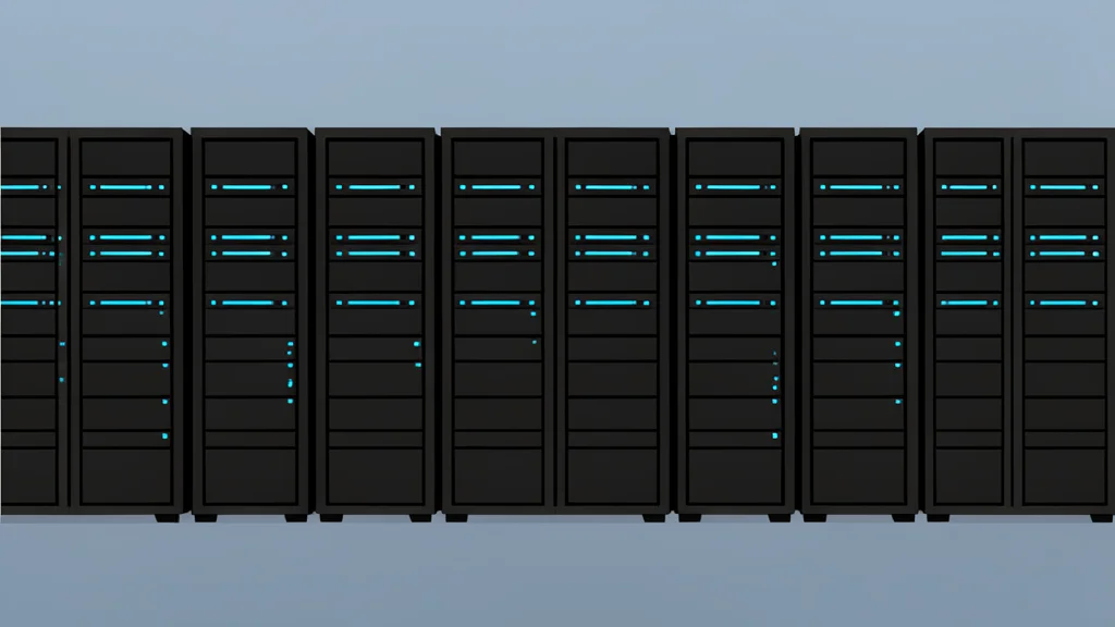 A modern server room with rows of black cabinets and glowing blue status lights