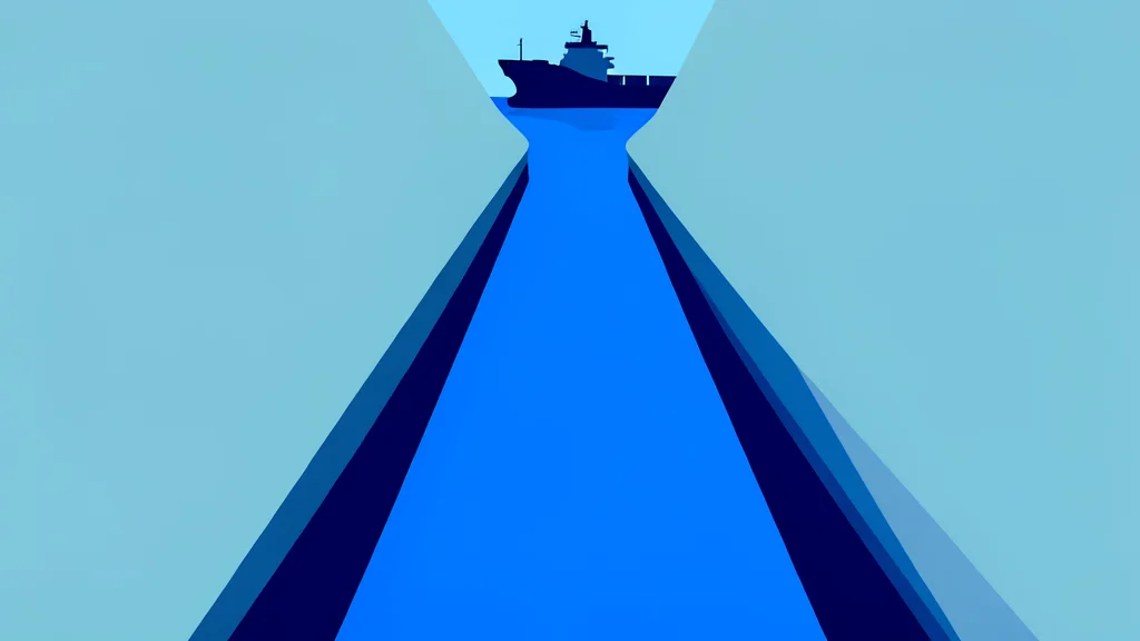 A narrow deep blue waterway connecting two large bodies of water with a cargo ship silhouette passing through.