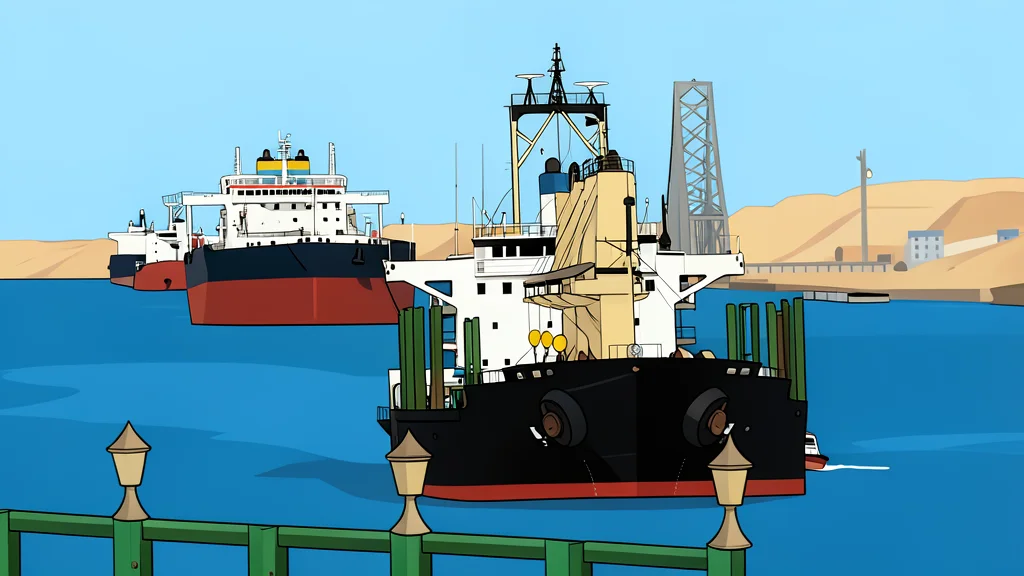 A narrow, deep blue waterway cutting through arid desert terrain, with a large cargo ship navigating the channel