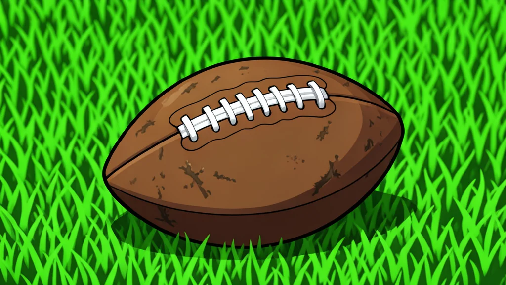 A worn leather football rests on vibrant green artificial turf, highlighted by soft studio lighting.