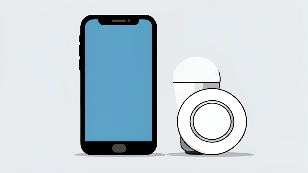 A smartphone standing upright next to a small smart light bulb and a thermostat dial