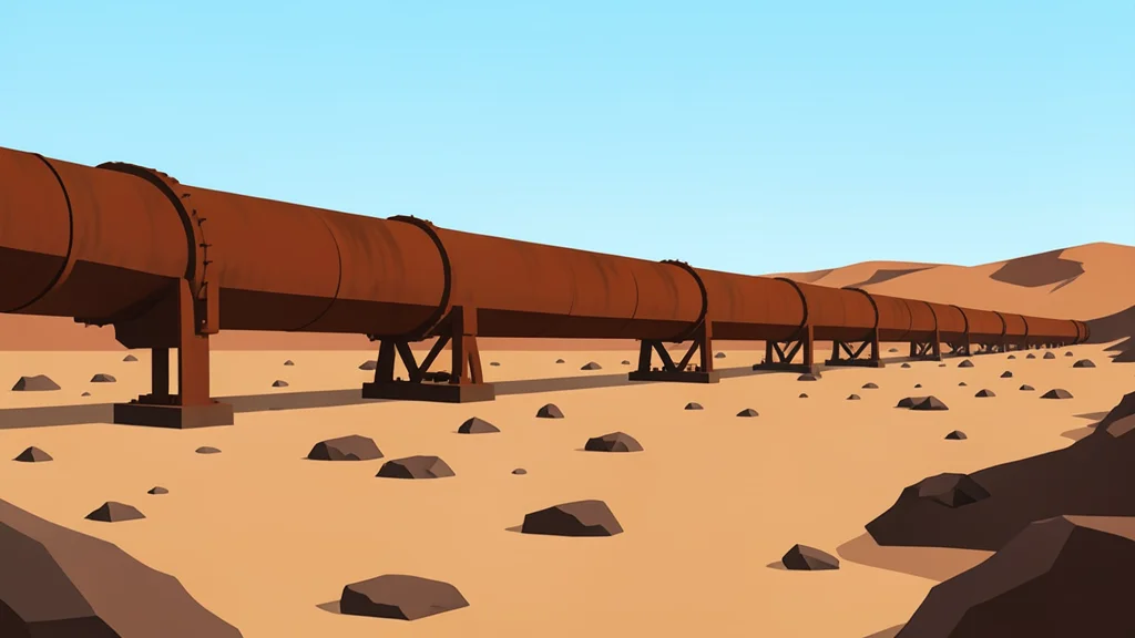A long, rusted steel pipeline stretching across a dry, rocky desert landscape