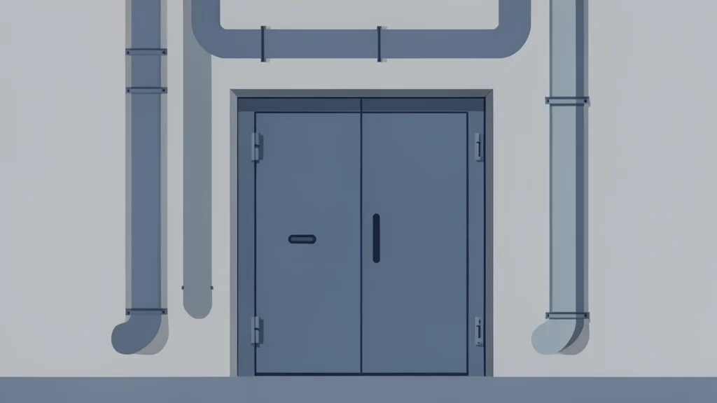 An underground concrete bunker entrance with heavy steel doors and ventilation shafts