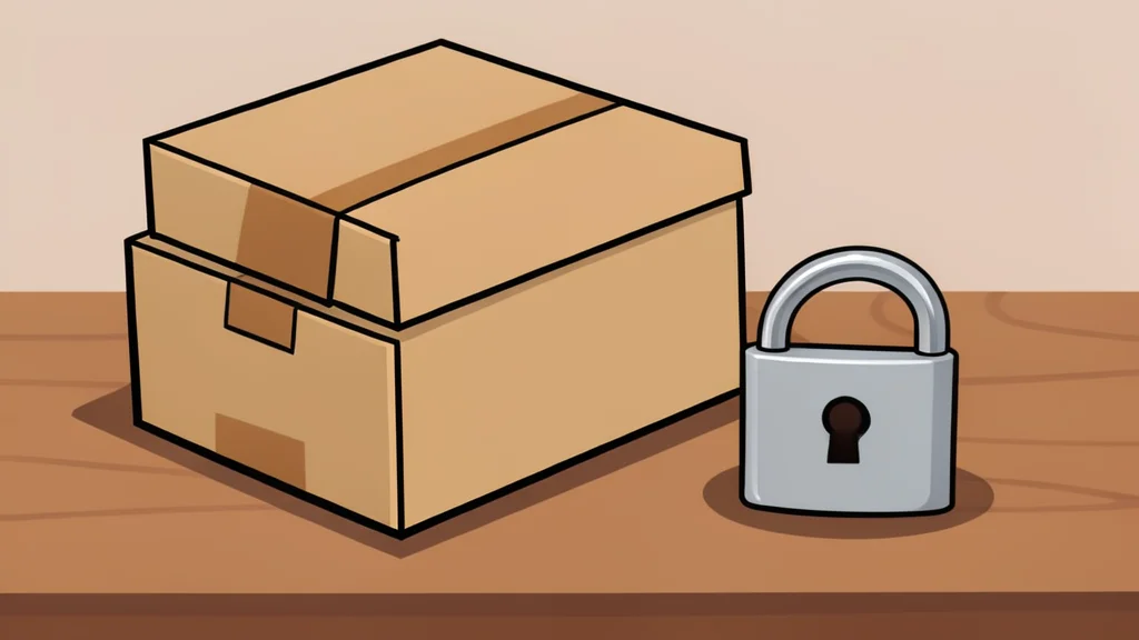 A stack of sealed cardboard boxes and a padlock on a wooden table