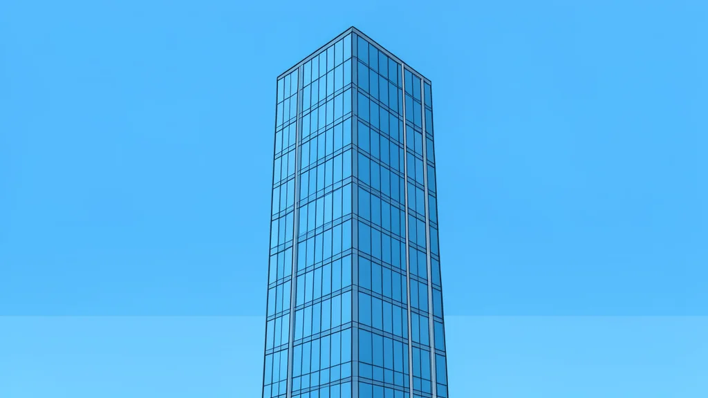 A large, modern glass skyscraper reflecting a calm blue sky