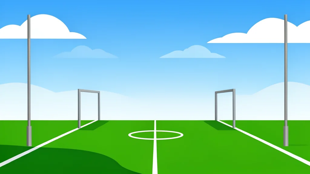 A grassy football field with white yard lines and goalposts under a clear sky