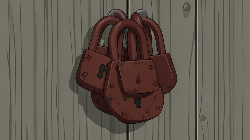 A stack of heavy, rusted iron padlocks hanging on a weathered wooden door