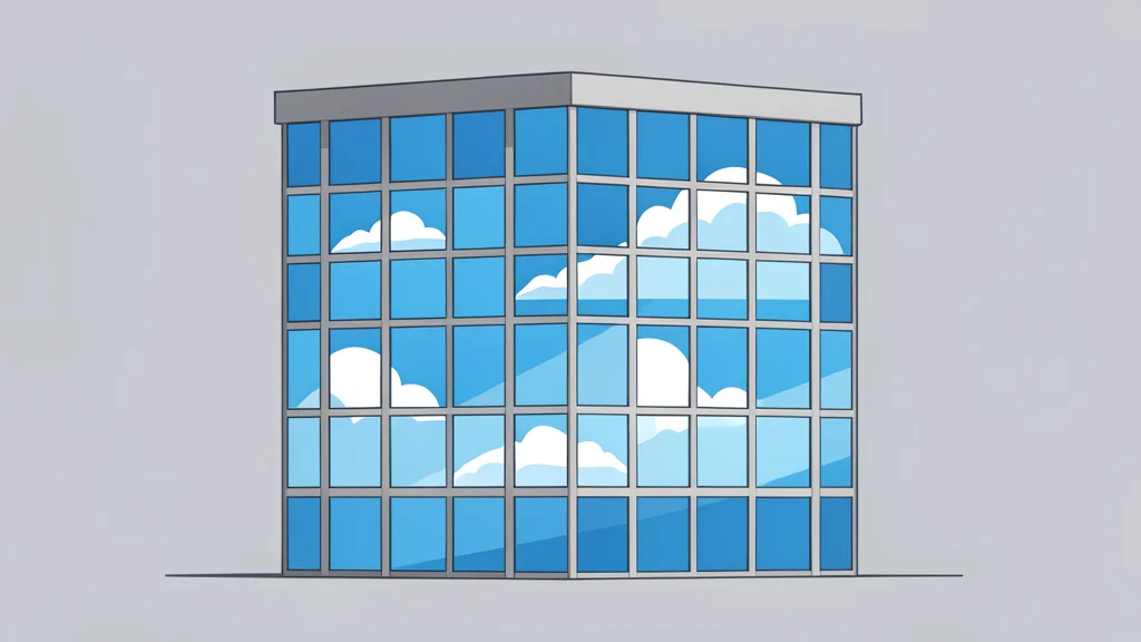 A modern glass office building with a grid of windows reflecting the sky