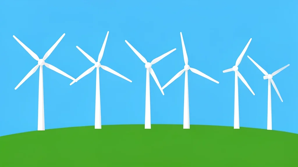 A row of white wind turbines standing on a green hillside under a clear blue sky