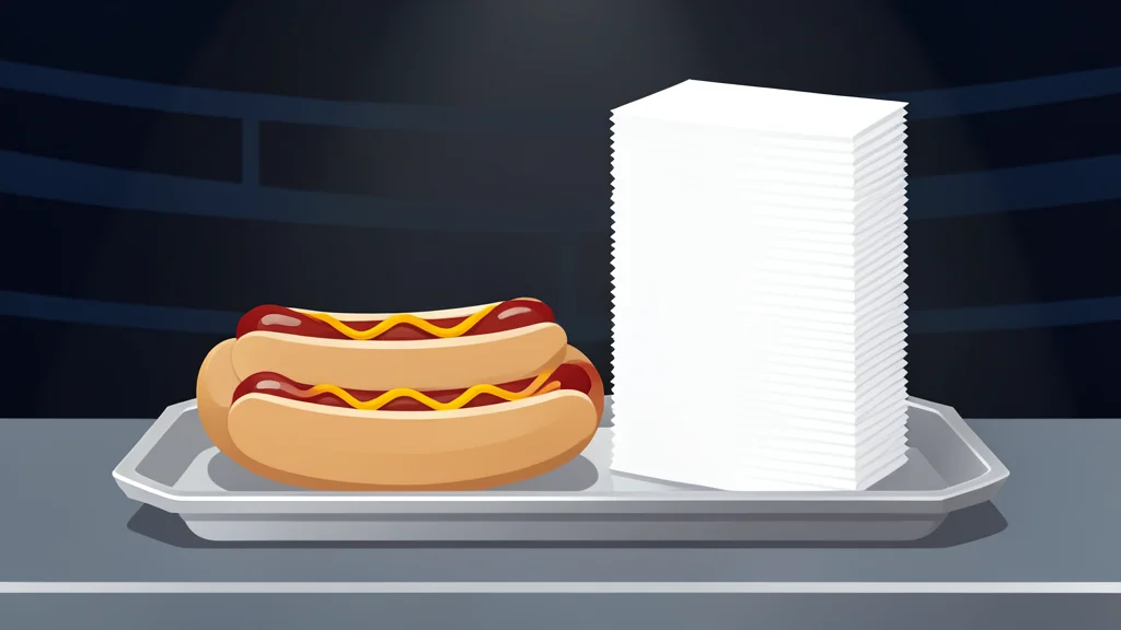A stainless steel food service counter with a tray of hot dogs and a stack of napkins