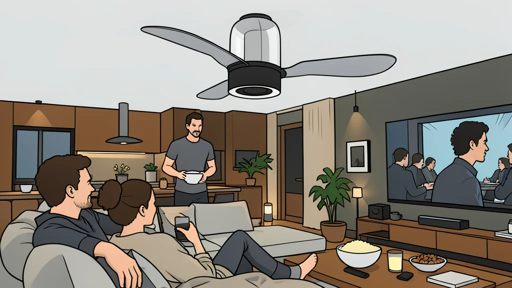 A modern ceiling fan with integrated lighting and speaker grilles mounted in a bright, minimalist room