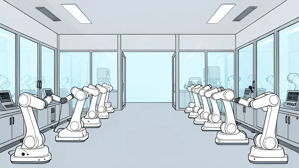 A cleanroom environment with rows of automated robotic arms and glass-walled machinery