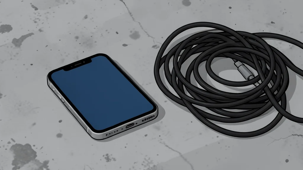 A smartphone resting on a rough concrete surface next to a tangled ball of black cables