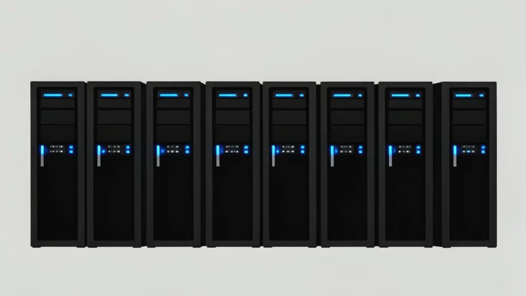 A modern server room with rows of black cabinets and glowing blue status lights