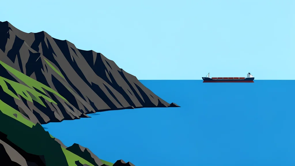 A rugged mountainous coastline meeting a vast body of water, with a silhouette of a cargo ship in the distance
