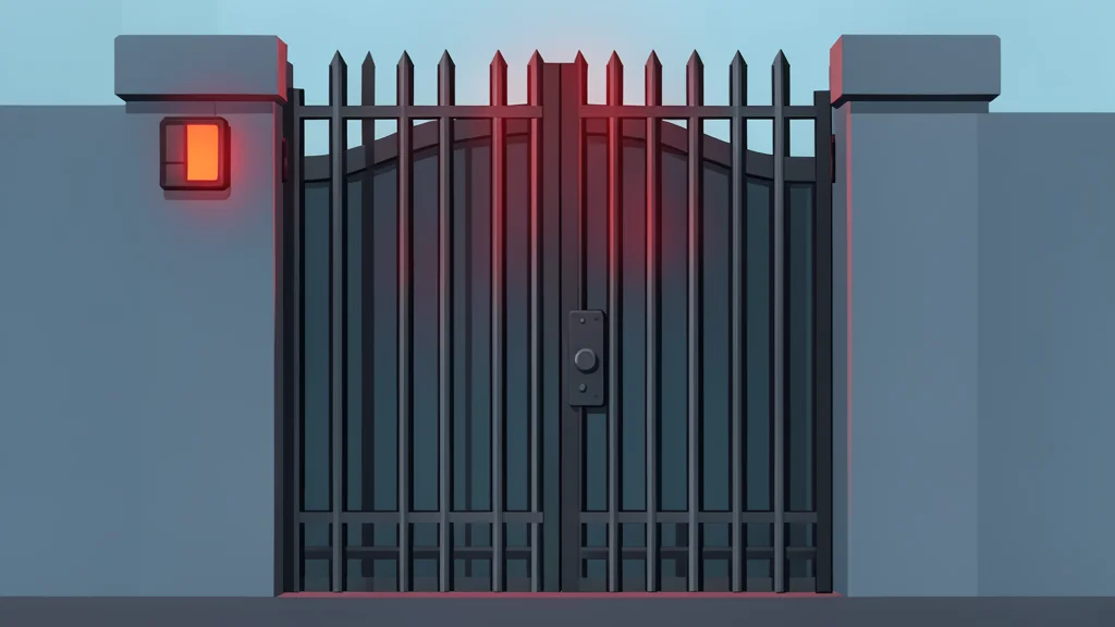 A massive digital fortress gate with heavy iron bars and a glowing red warning light