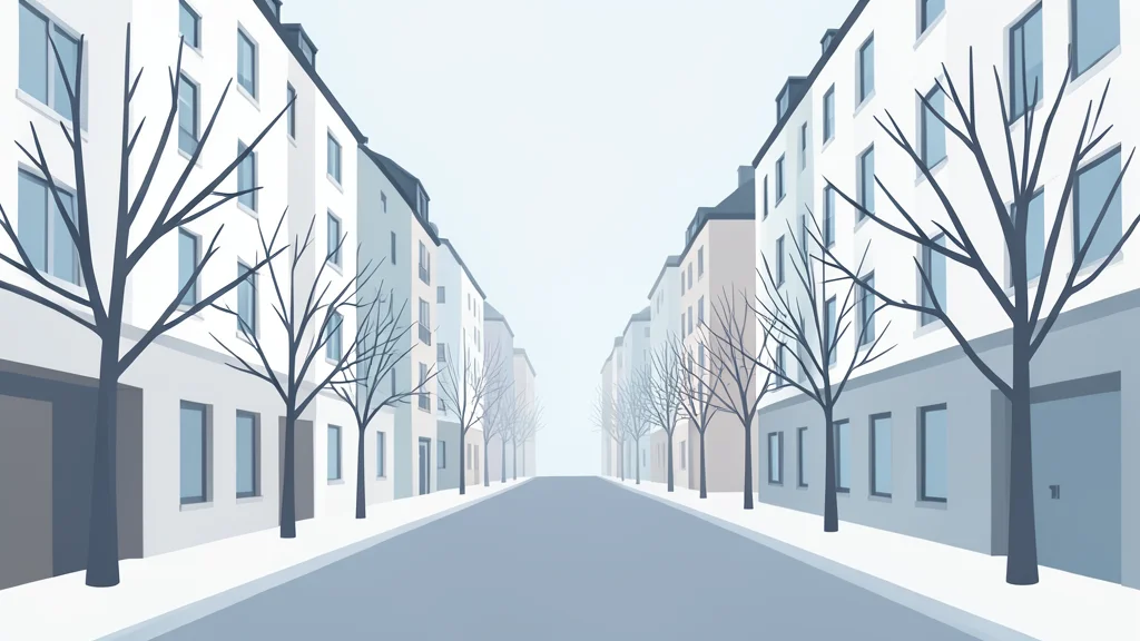 A quiet residential street in a European city with apartment buildings and bare trees in winter