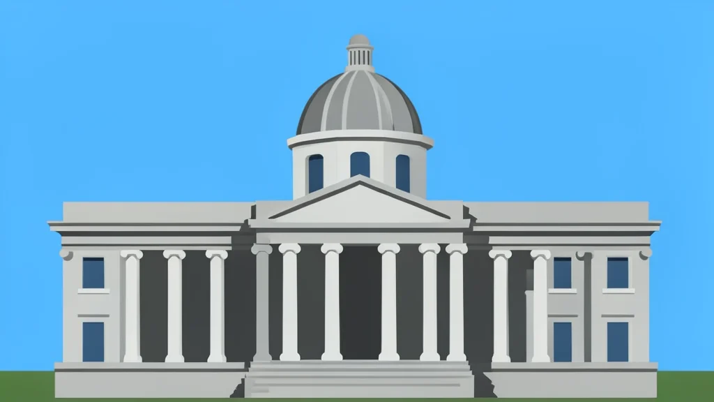 A large, classical stone building with columns and a dome, standing against a clear sky