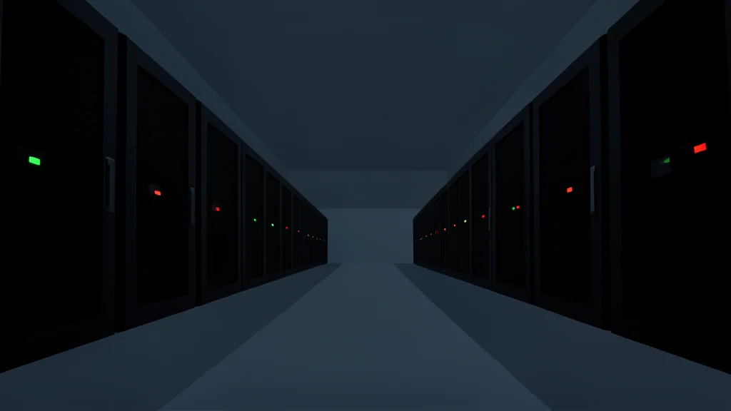A vast, dimly lit server room with rows of black rectangular cabinets and blinking indicator lights.
