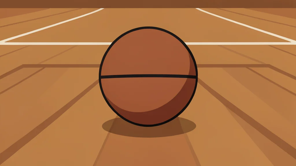 A smooth wooden basketball sits on a glossy hardwood floor, reflecting soft light.