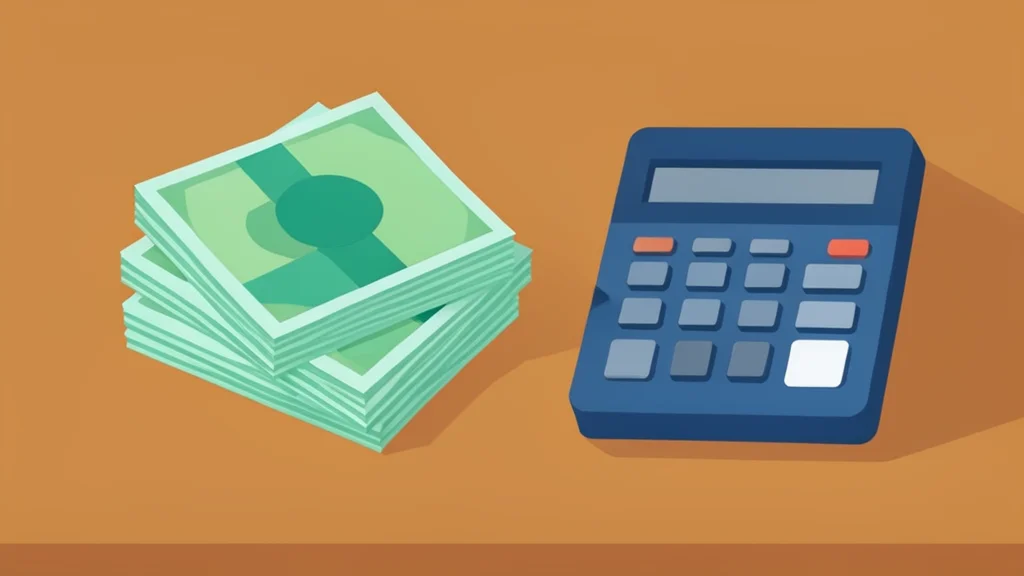 A stack of paper currency and a calculator on a wooden desk