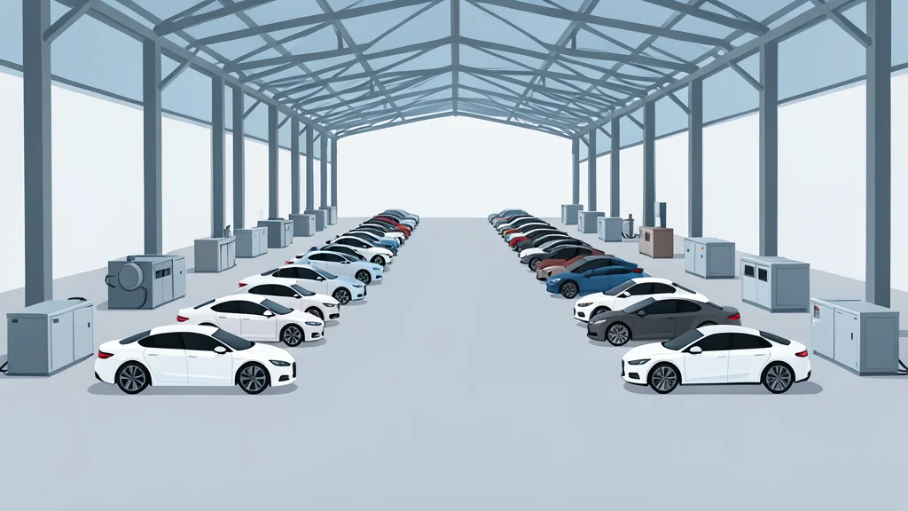 A large industrial exhibition hall filled with rows of sleek electric vehicle prototypes and battery storage units