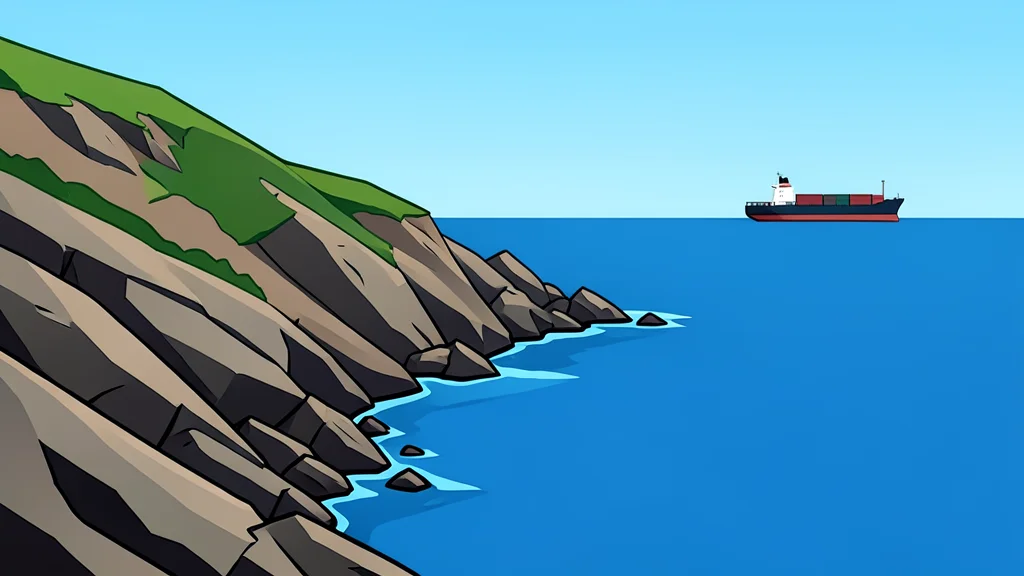 A rocky coastline meeting the sea near a narrow strait, with a cargo ship in the distance
