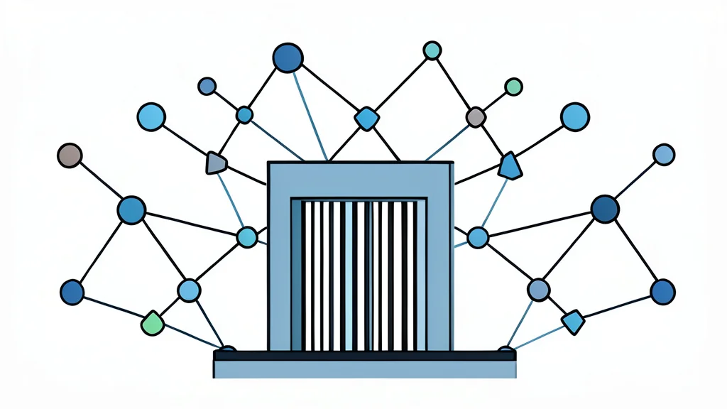 A complex network of interconnected nodes with a central checkpoint gate