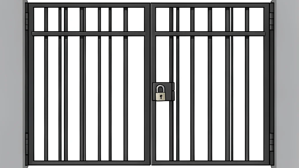 A heavy iron prison gate with vertical bars and a padlock
