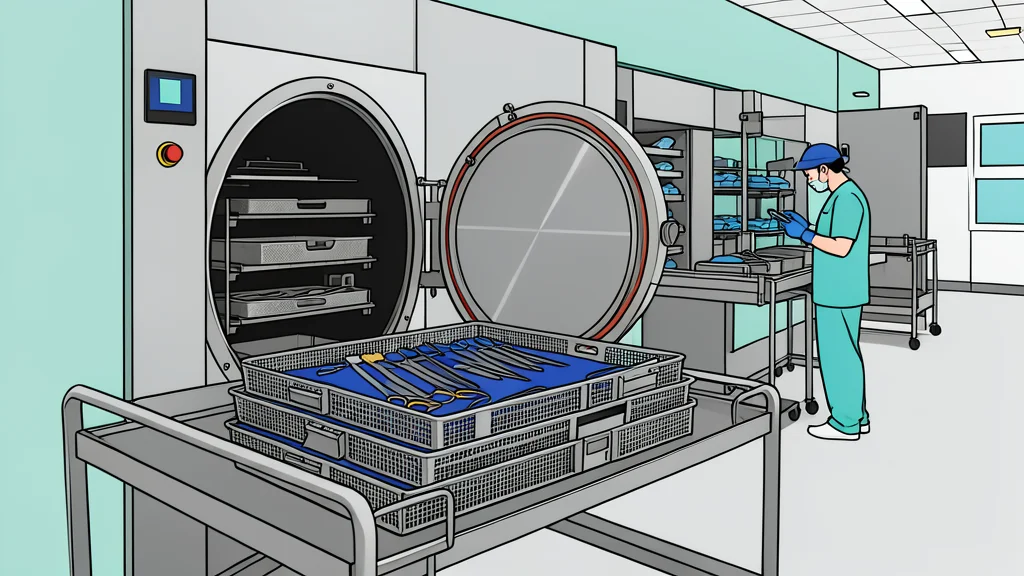 A sterile, white medical instrument tray with surgical tools arranged neatly on a clean surface