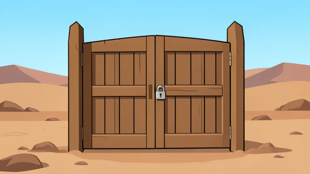 A closed wooden school gate secured with a heavy padlock, set against a dry, dusty landscape with no people visible.
