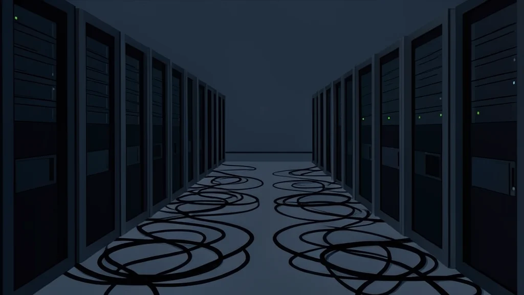 A closed server room with rows of dark, inactive computer towers and tangled cables on the floor