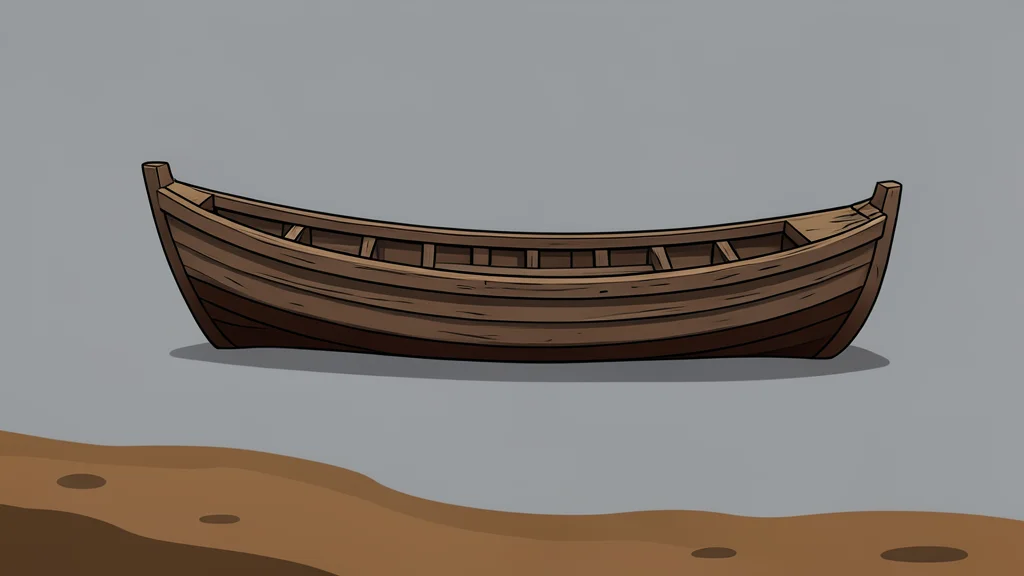 A weathered wooden boat floating on calm, grey water near a muddy shoreline
