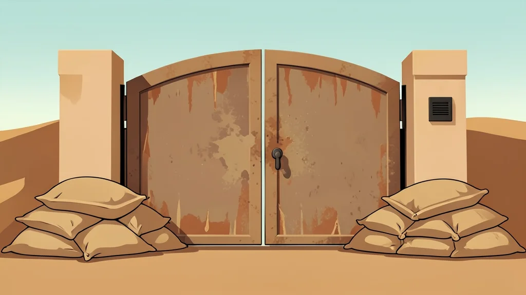 A dusty, sun-bleached border crossing gate with sandbags piled at the base